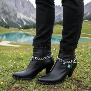 Women Silver Metal Chain Western Boots Bracelet Cross Nail Turquoise Skull Charm
